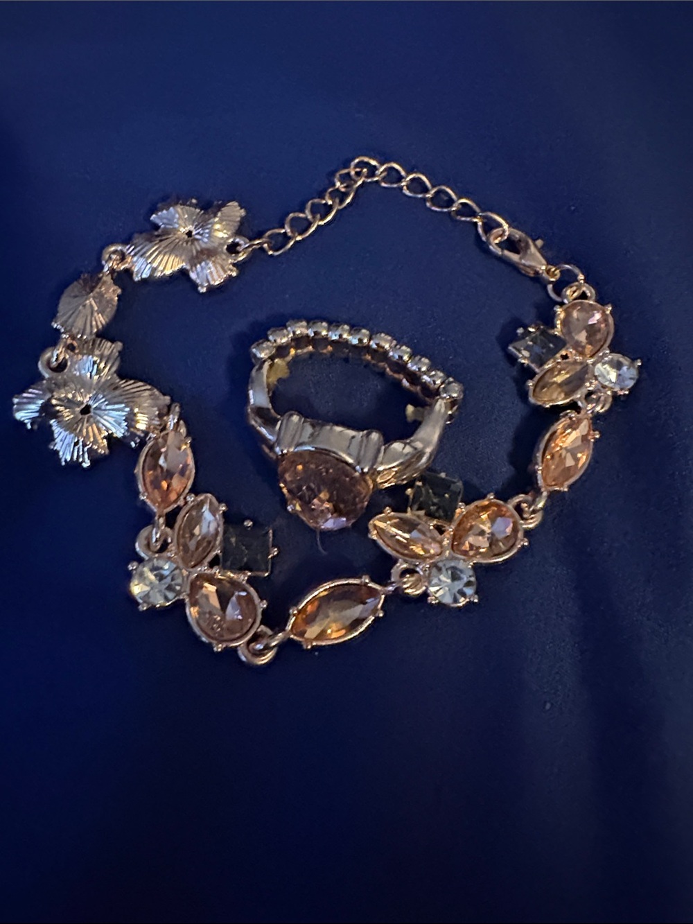 Rose Gold Floral Crystal Bracelet and Ring Set